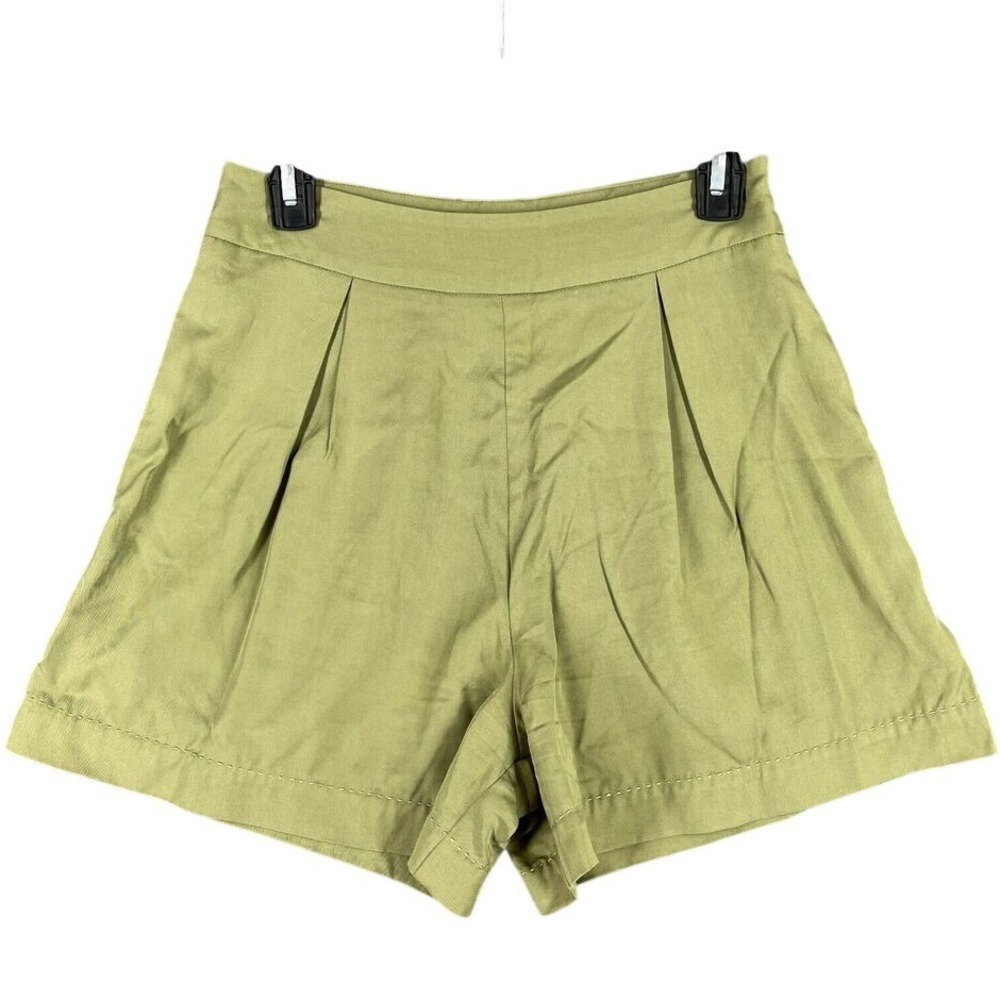 Sancia  Pleated High Waist Shorts Womens Small Green Pocket Side Zip Wide Cuff‎